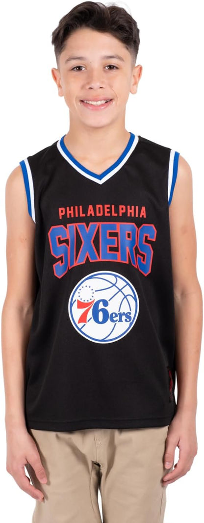 Ultra Game NBA Official Youth Sleeveless Mesh Tank Top Muscle T-Shirt, Philadelphia 76ers, Black|Philadelphia 76ers