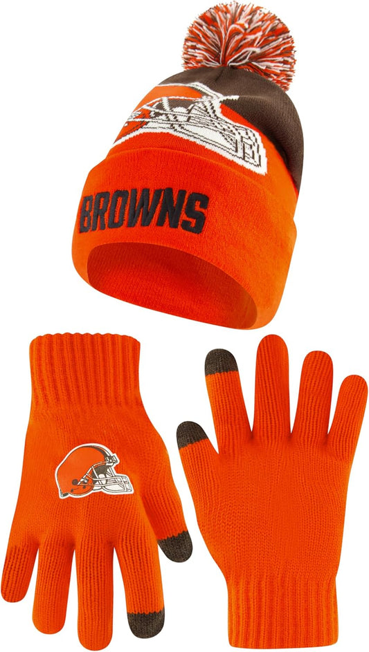 Ultra Game NFL Official Youth Super Soft Winter Beanie Knit Hat With Extra Warm Touch Screen Gloves, Cleveland Browns, Team Color 2, 1SIZE|Cleveland Browns