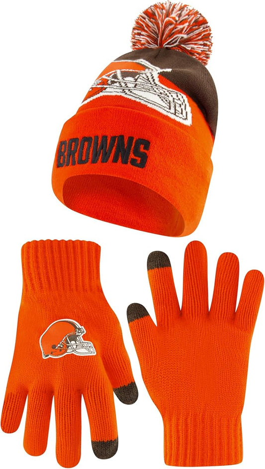 Ultra Game NFL Official Adults Unisex Super Soft Winter Beanie Knit Hat With Extra Warm Touch Screen Gloves, Cleveland Browns, Team Color, 1SIZE|Cleveland Browns