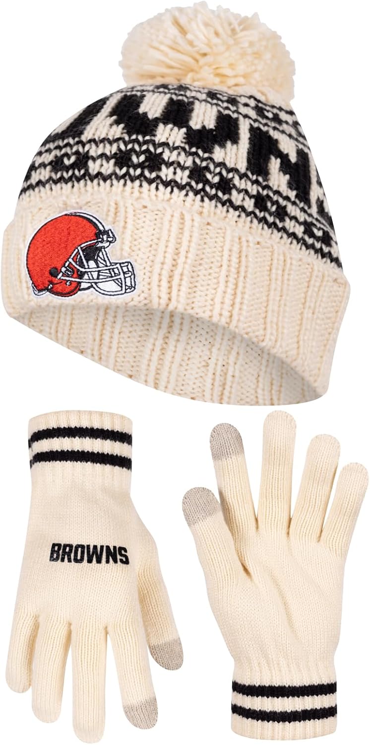 Ultra Game NFL Official Adults Super Soft Cable Knit Winter Beanie Knit Hat with Extra Warm Touch Screen Gloves, Cleveland Browns, One Size|Cleveland Browns