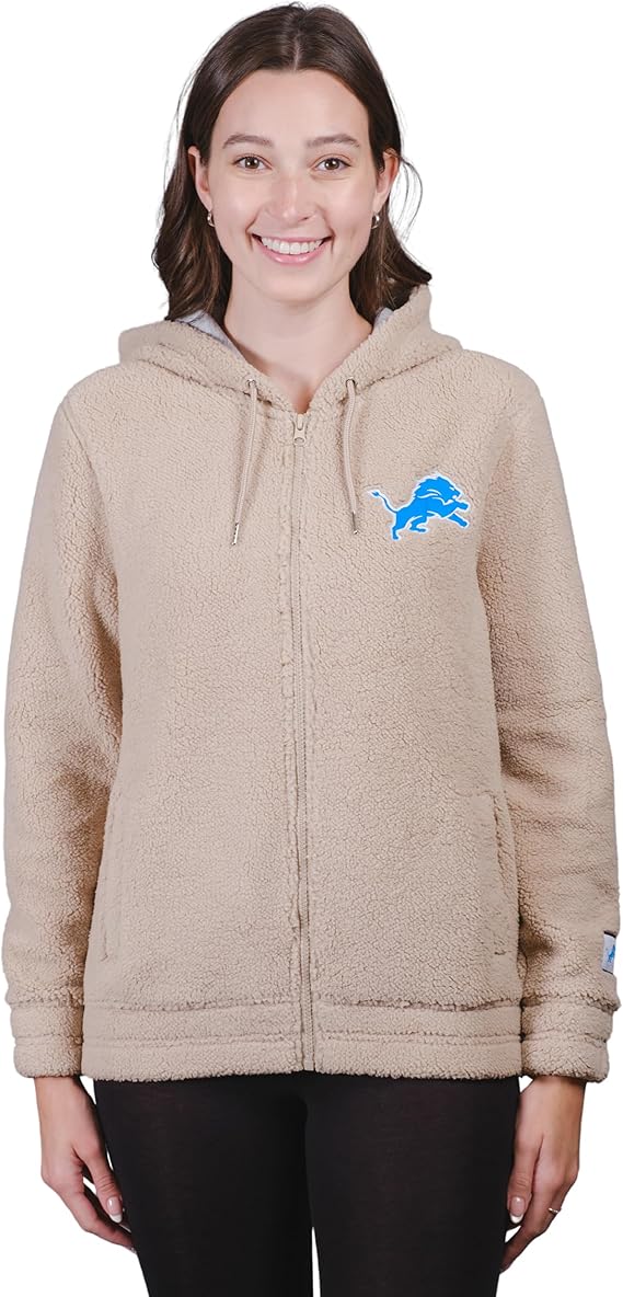 Ultra Game NFL Official Women's Super Soft Sherpa Full Zip Hoodie Sweatshirt Jacket, Detroit Lions, Sand|Detroit Lions