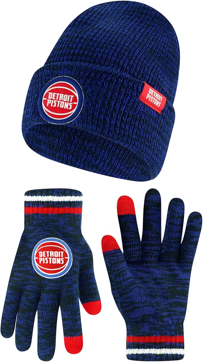 Ultra Game NBA Official Men's Super Soft Winter Beanie Knit Hat with Extra Warm Touch Screen Gloves, Detroit Pistons, Team Color|Detroit Pistons