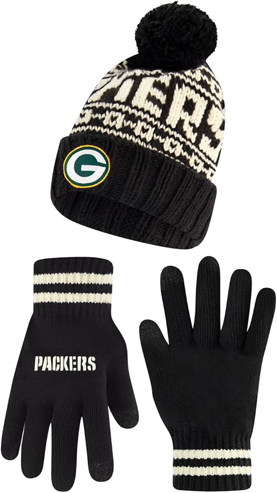 Ultra Game NFL Official Adults Super Soft Cable Knit Winter Beanie Knit Hat with Extra Warm Touch Screen Gloves, Green Bay Packer, One Size|Green Bay Packers