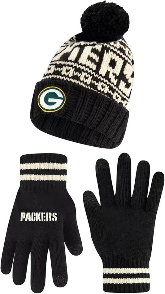 Ultra Game NFL Official Adults Super Soft Cable Knit Winter Beanie Knit Hat with Extra Warm Touch Screen Gloves, Green Bay Packer, One Size|Green Bay Packers