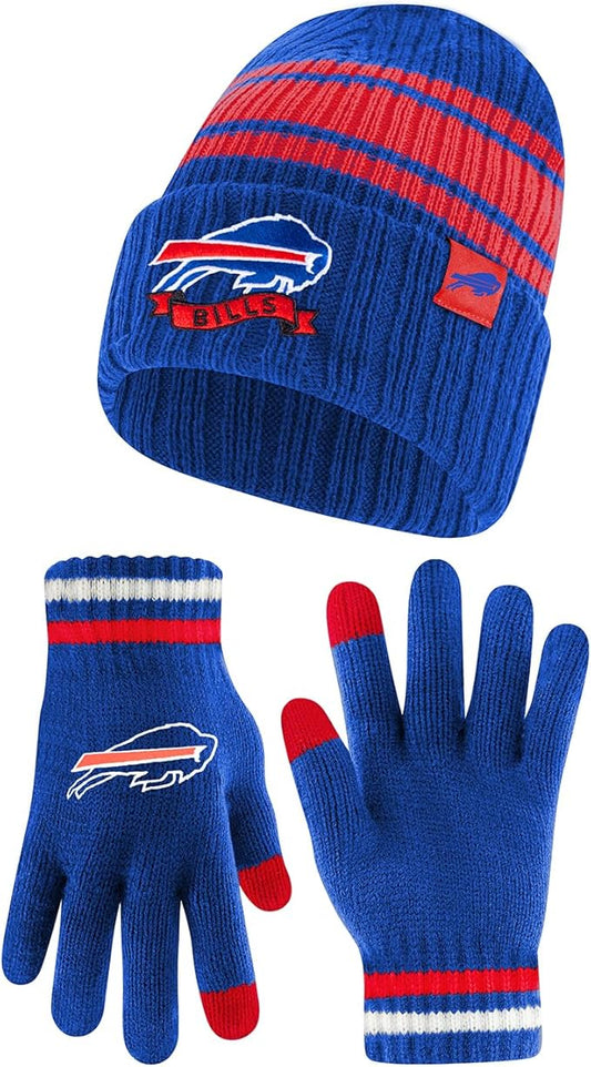 Ultra Game NFL Buffalo Bills Womens Super Soft Team Stripe Winter Beanie Knit Hat with Extra Warm Touch Screen Gloves|Buffalo Bills