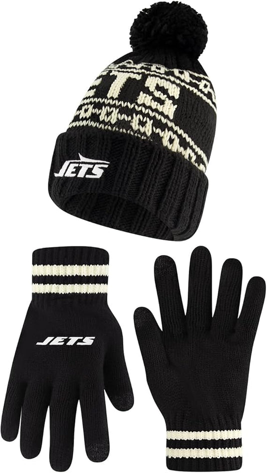 Ultra Game NFL Official Adults Super Soft Cable Knit Winter Beanie Knit Hat with Extra Warm Touch Screen Gloves, New York Jets, One Size|New York Jets