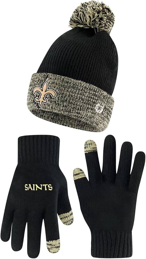 Ultra Game NFL Official Adults Super Soft Two Tone Winter Beanie Knit Hat with Extra Warm Touch Screen Gloves, New Orleans Saints, Team Color, One Size|New Orleans Saints