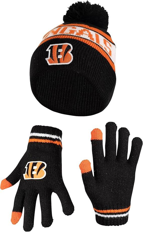 NFL Official Youth Super Soft Winter Beanie Knit Hat With Extra Warm Touch Screen Gloves|Cincinnati Bengals