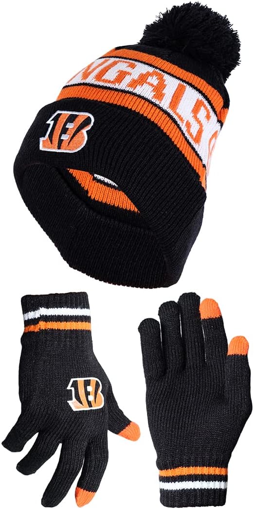 Ultra Game NFL Official Adults Unisex Super Soft Winter Beanie Knit Hat With Extra Warm Touch Screen Gloves, Cincinnati Bengals, Team Color 2, 1SIZE|Cincinnati Bengals