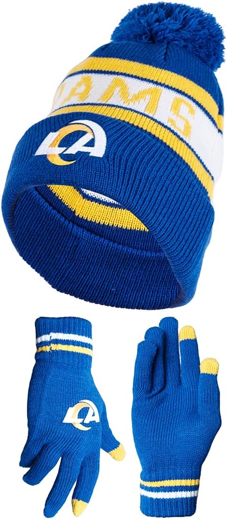 Ultra Game NFL Official Adults Unisex Super Soft Winter Beanie Knit Hat With Extra Warm Touch Screen Gloves, Los Angeles Rams, Team Color, 1SIZE|Los Angeles Rams