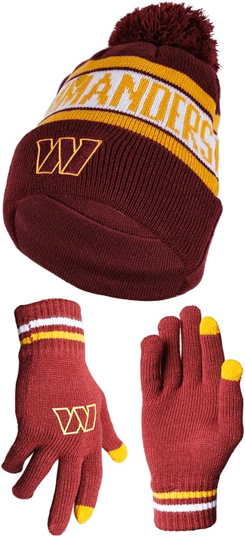 Ultra Game NFL Official Adults Unisex Super Soft Winter Beanie Knit Hat With Extra Warm Touch Screen Gloves, Washington Commanders, Team Color, 1SIZE|Washington Commanders