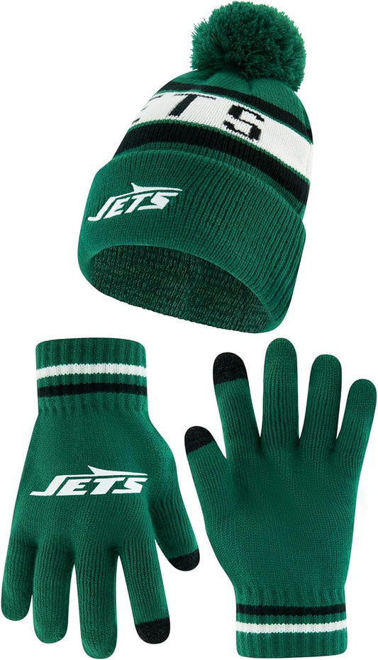 NFL Official Youth Super Soft Winter Beanie Knit Hat With Extra Warm Touch Screen Gloves|New York Jets