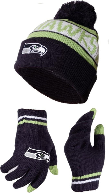 Ultra Game NFL Official Youth Super Soft Winter Beanie Knit Hat With Extra Warm Touch Screen Gloves, Seattle Seahawks, Team Color 1, 1 SIZE|Seattle Seahawks