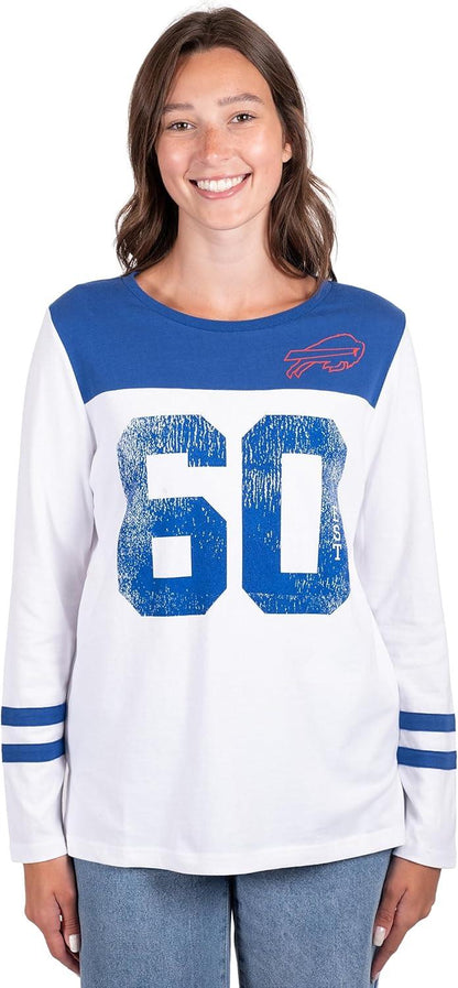 Ultra Game NFL Official Women's Super Soft Raglan Vintage Baseball T-Shirt, Buffalo Bills, White|Buffalo Bills