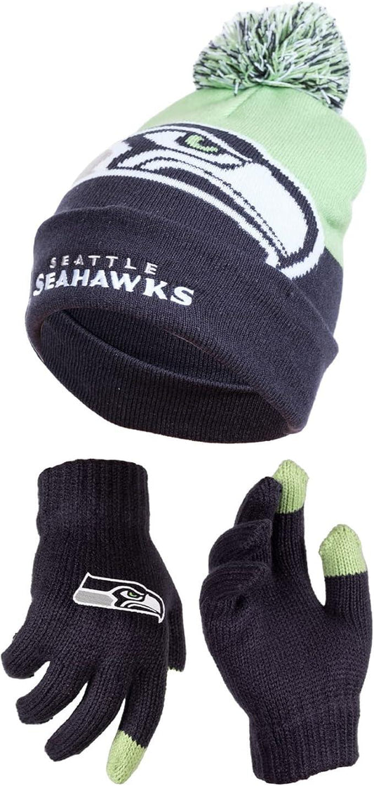 Ultra Game NFL Official Youth Super Soft Winter Beanie Knit Hat With Extra Warm Touch Screen Gloves, Seattle Seahawks, Team Color 2, 1SIZE|Seattle Seahawks