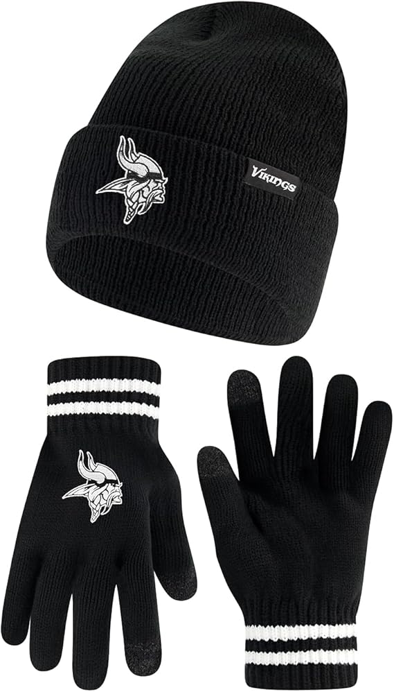 Ultra Game NFL Official Adults Super Soft Marled Winter Beanie Knit Hat with Extra Warm Touch Screen Gloves, Minnesota Vikings, Black, One Size|Minnesota Vikings