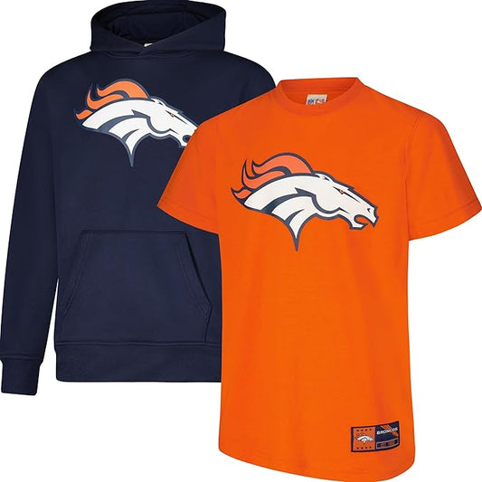 Ultra Game NFL Official Youth Super Soft T-Shirt & Hoodie Sweatshirt Set, Denver Broncos|Denver Broncos