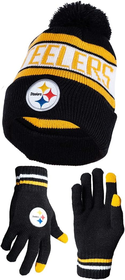 Ultra Game NFL Official Adults Unisex Super Soft Winter Beanie Knit Hat With Extra Warm Touch Screen Gloves, Pittsburgh Steelers, Team Color, 1SIZE|Pittsburgh Steelers