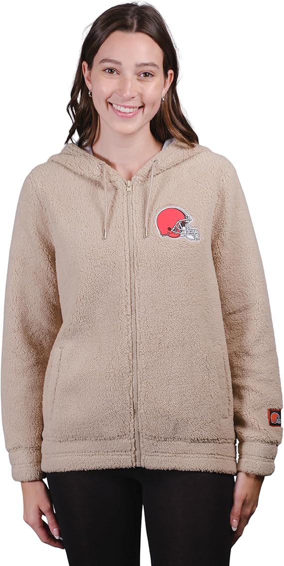 Ultra Game NFL Official Women's Super Soft Sherpa Full Zip Hoodie Sweatshirt Jacket, Cleveland Browns, Sand|Cleveland Browns