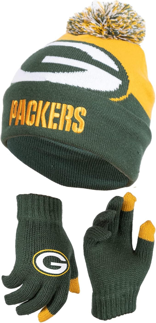 NFL Official Youth Super Soft Winter Beanie Knit Hat With Extra Warm Touch Screen Gloves|Green Bay Packers