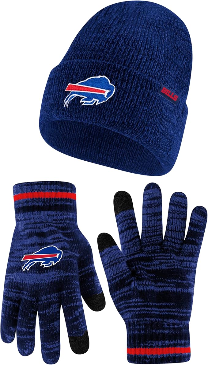 Ultra Game Adults Unisex NFL Official Super Soft Marl Knit Winter Beanie Knit Hat with Extra Warm Touch Screen Gloves|Buffalo Bills