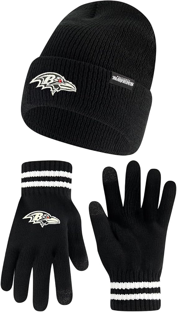 Ultra Game NFL Official Adults Super Soft Marled Winter Beanie Knit Hat with Extra Warm Touch Screen Gloves, Baltimore Ravens, Black, One Size|Baltimore Ravens