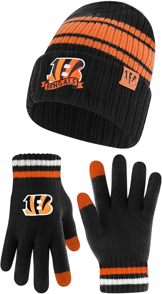 Ultra Game NFL Cincinnati Bengals Womens Super Soft Team Stripe Winter Beanie Knit Hat with Extra Warm Touch Screen Gloves|Cincinnati Bengals