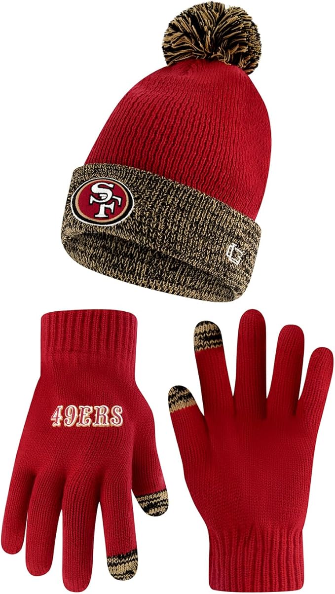 NFL Official Adults Super Soft Two Tone Winter Beanie Knit Hat with Extra Warm Touch Screen Gloves|San Francisco 49ers