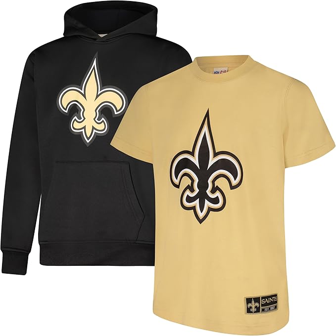 Ultra Game NFL Official Youth Super Soft T-Shirt & Hoodie Sweatshirt Set, New Orleans Saints|New Orleans Saints