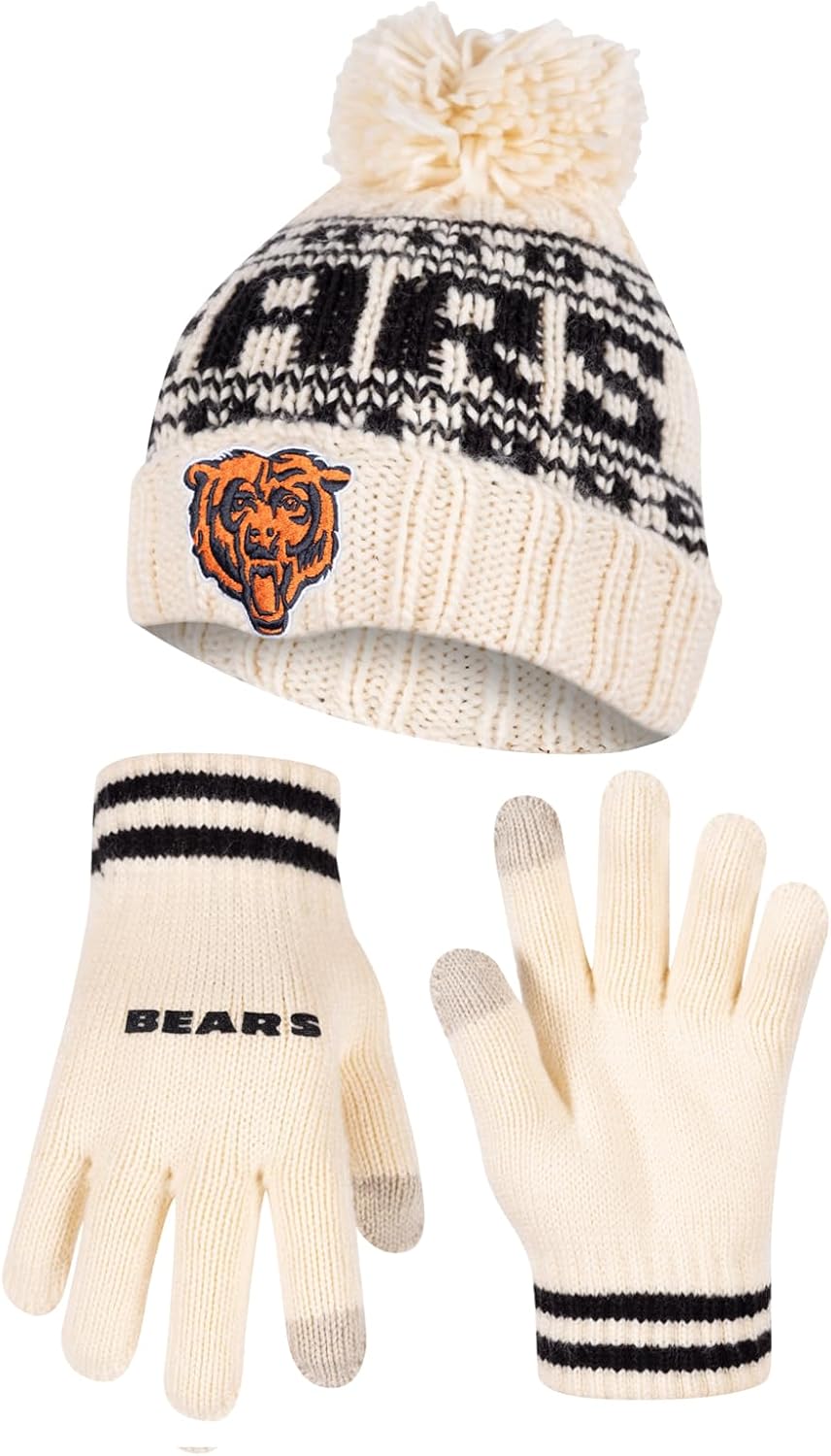 Ultra Game NFL Official Adults Super Soft Cable Knit Winter Beanie Knit Hat with Extra Warm Touch Screen Gloves, Chicago Bears, One Size|Chicago Bears