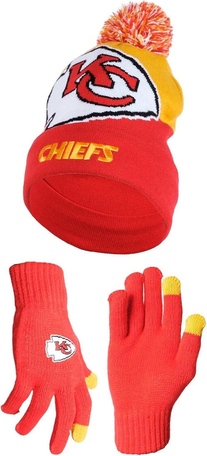 Ultra Game NFL Official Adults Unisex Super Soft Winter Beanie Knit Hat With Extra Warm Touch Screen Gloves, Kansas City Chiefs, Team Color, 1SIZE|Kansas City Chiefs