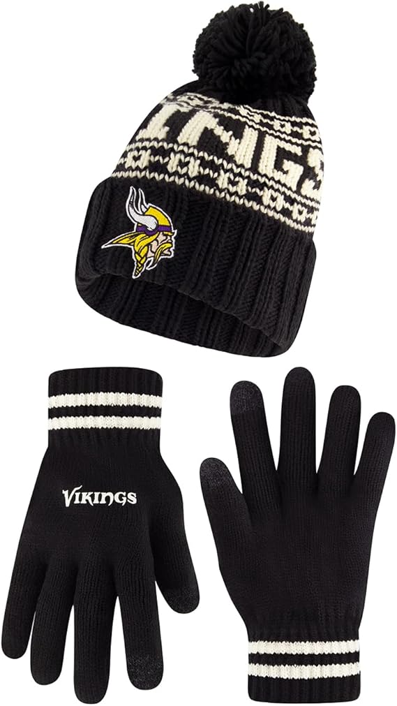 Ultra Game NFL Official Adults Super Soft Cable Knit Winter Beanie Knit Hat with Extra Warm Touch Screen Gloves, Minnesota Vikings, One Size|Minnesota Vikings