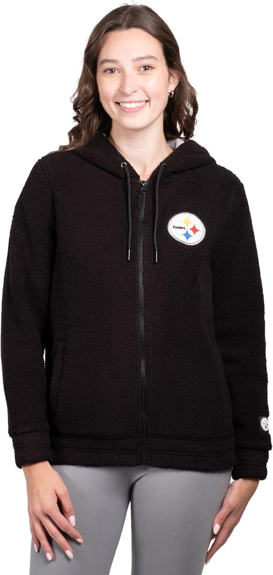 NFL Official Women's Full Zip Soft Sherpa Hoodie Sweatshirt Jacket|Pittsburgh Steelers