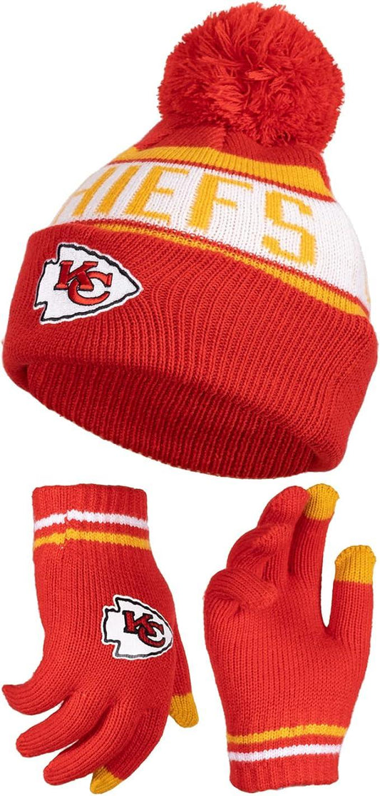 Ultra Game NFL Official Youth Super Soft Winter Beanie Knit Hat With Extra Warm Touch Screen Gloves, Kansas City Chiefs, Team Color 1, 1SIZE|Kansas City Chiefs