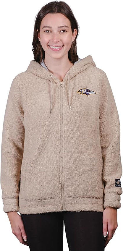 Ultra Game NFL Official Women's Super Soft Sherpa Full Zip Hoodie Sweatshirt Jacket, Baltimore Ravens, Sand|Baltimore Ravens