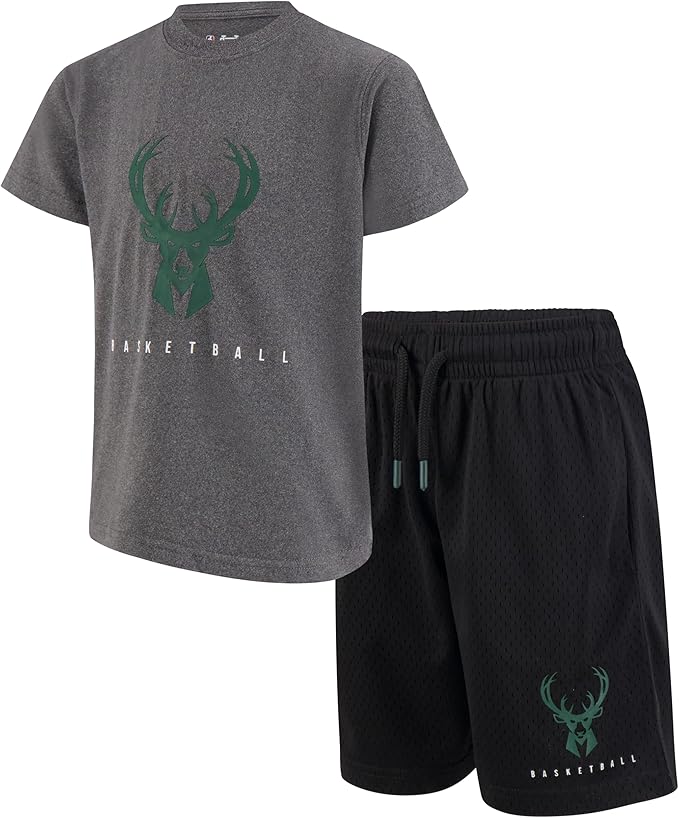 Ultra Game Youth's NBA Official Super Soft T-Shirt & Shorts 2-Piece Set, Milwaukee Bucks, Heather Charcoal|Milwaukee Bucks