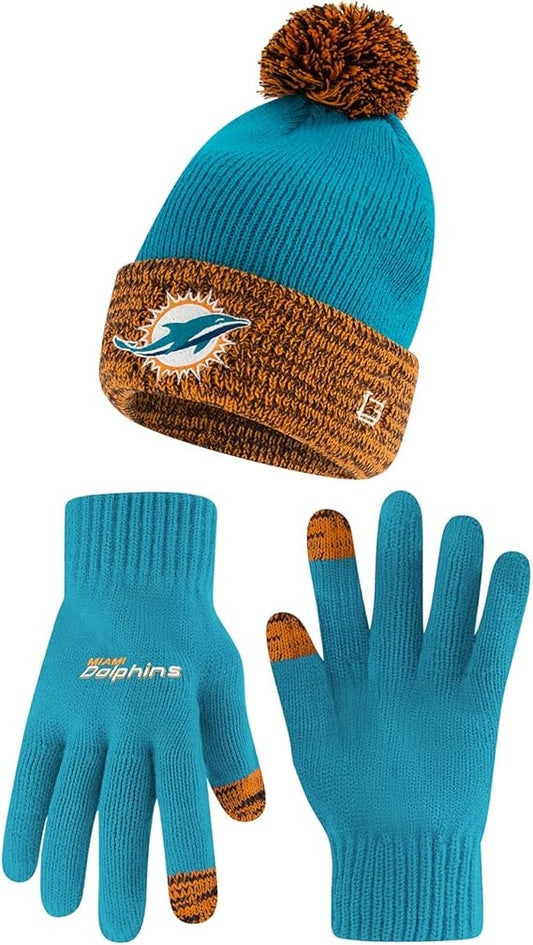 Ultra Game NFL Official Youth Super Soft Two Tone Winter Beanie Knit Hat with Extra Warm Touch Screen Gloves, Miami Dolphins, Team Color, One Size|Miami Dolphins