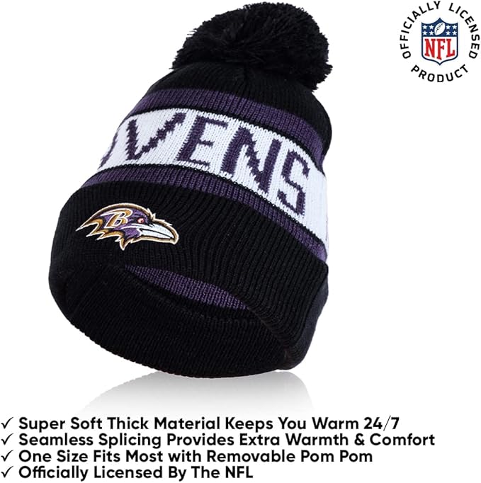 Ultra Game NFL Official Adults Unisex Super Soft Winter Beanie Knit Hat With Extra Warm Touch Screen Gloves, Baltimore Ravens, Team Color, 1 SIZE|Baltimore Ravens