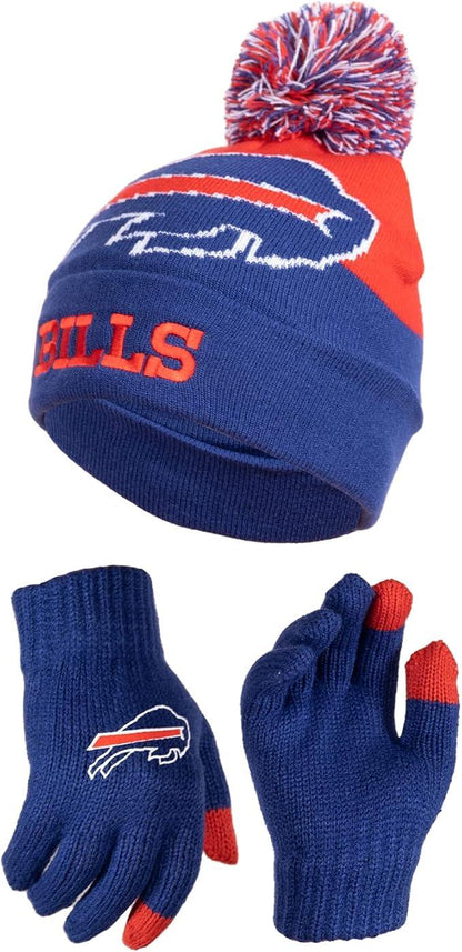 NFL Official Youth Super Soft Winter Beanie Knit Hat With Extra Warm Touch Screen Gloves|Buffalo Bills