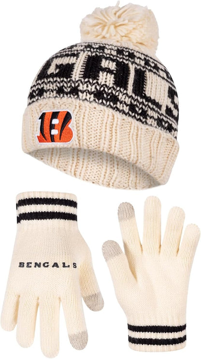 NFL Official Super Soft Cable Knit Winter Beanie Knit Hat with Extra Warm Touch Screen Gloves|Cincinnati Bengals