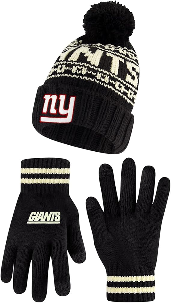 Ultra Game NFL Official Adults Super Soft Cable Knit Winter Beanie Knit Hat with Extra Warm Touch Screen Gloves, New York Giants, One Size|New York Giants