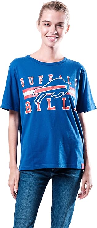 Ultra Game NFL Official Women's Distressed Graphics Super Soft Crew Neck T-Shirt, Buffalo Bills, Team Color|Buffalo Bills