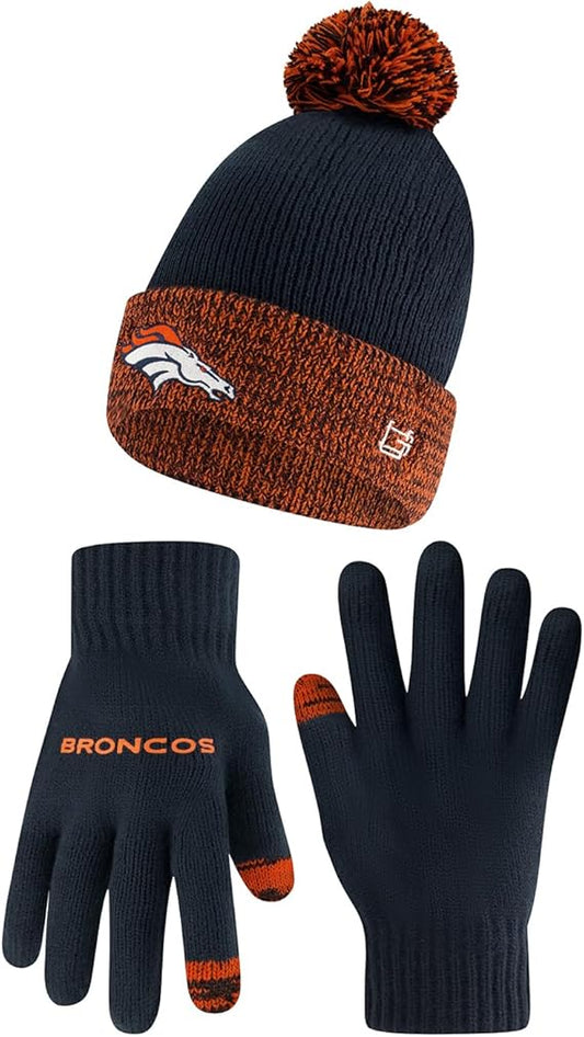 Ultra Game NFL Official Youth Super Soft Two Tone Winter Beanie Knit Hat with Extra Warm Touch Screen Gloves, Denver Broncos, Team Color, One Size|Denver Broncos