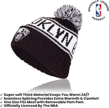 Ultra Game NBA Official Boys Girls Super Soft Winter Beanie Knit Hat With Extra Warm Touch Screen Gloves, Brooklyn Nets, Team Color, 1SIZE|Brooklyn Nets