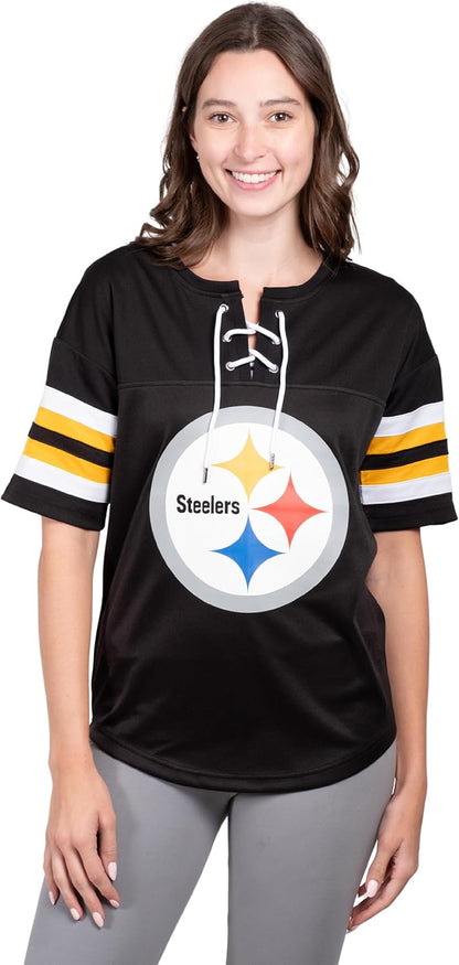 NFL Womens Standard Lace Up Tee Shirt Penalty Box|Pittsburgh Steelers