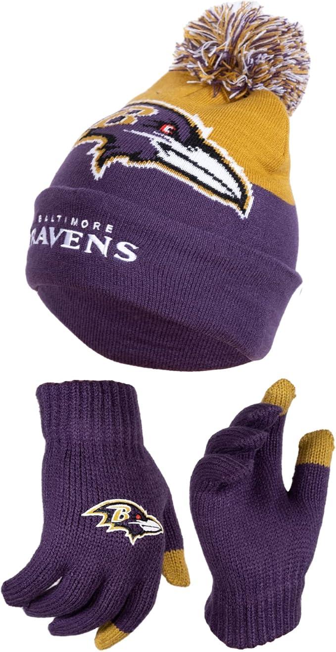 Ultra Game NFL Official Youth Super Soft Winter Beanie Knit Hat With Extra Warm Touch Screen Gloves, Baltimore Ravens, Team Color 2, 1SIZE|Baltimore Ravens