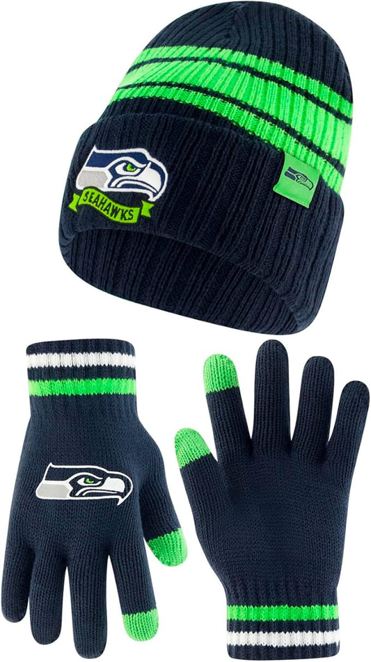 Ultra Game NFL Seattle Seahawks Womens Super Soft Team Stripe Winter Beanie Knit Hat with Extra Warm Touch Screen Gloves|Seattle Seahawks