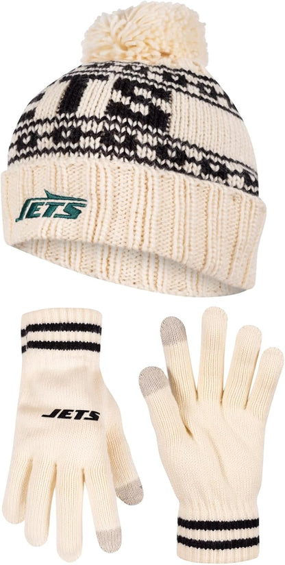 NFL Official Adults Super Soft Cable Knit Winter Beanie Knit Hat with Extra Warm Touch Screen Gloves|New York Jets