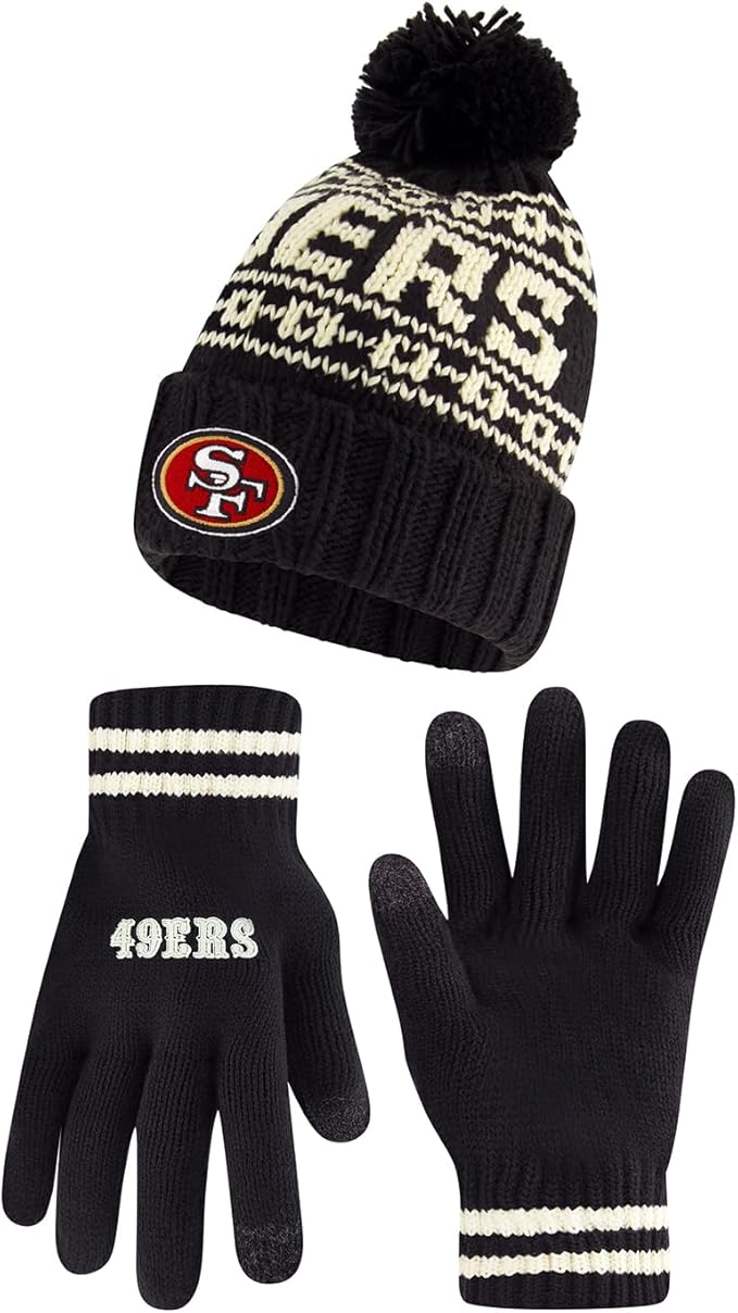 NFL Official Youth Super Soft Cable Knit Winter Beanie Knit Hat with Extra Warm Touch Screen Gloves|San Francisco 49ers