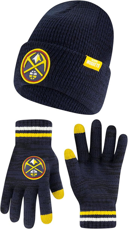 Ultra Game NBA Official Men's Super Soft Winter Beanie Knit Hat with Extra Warm Touch Screen Gloves, Denver Nuggets, Team Color|Denver Nuggets